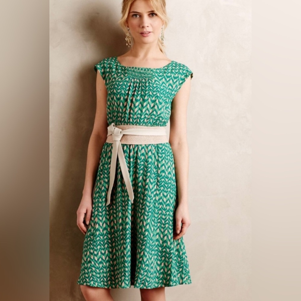 Anthropologie Maeve Evaline Smocked Waist Green Print Dress